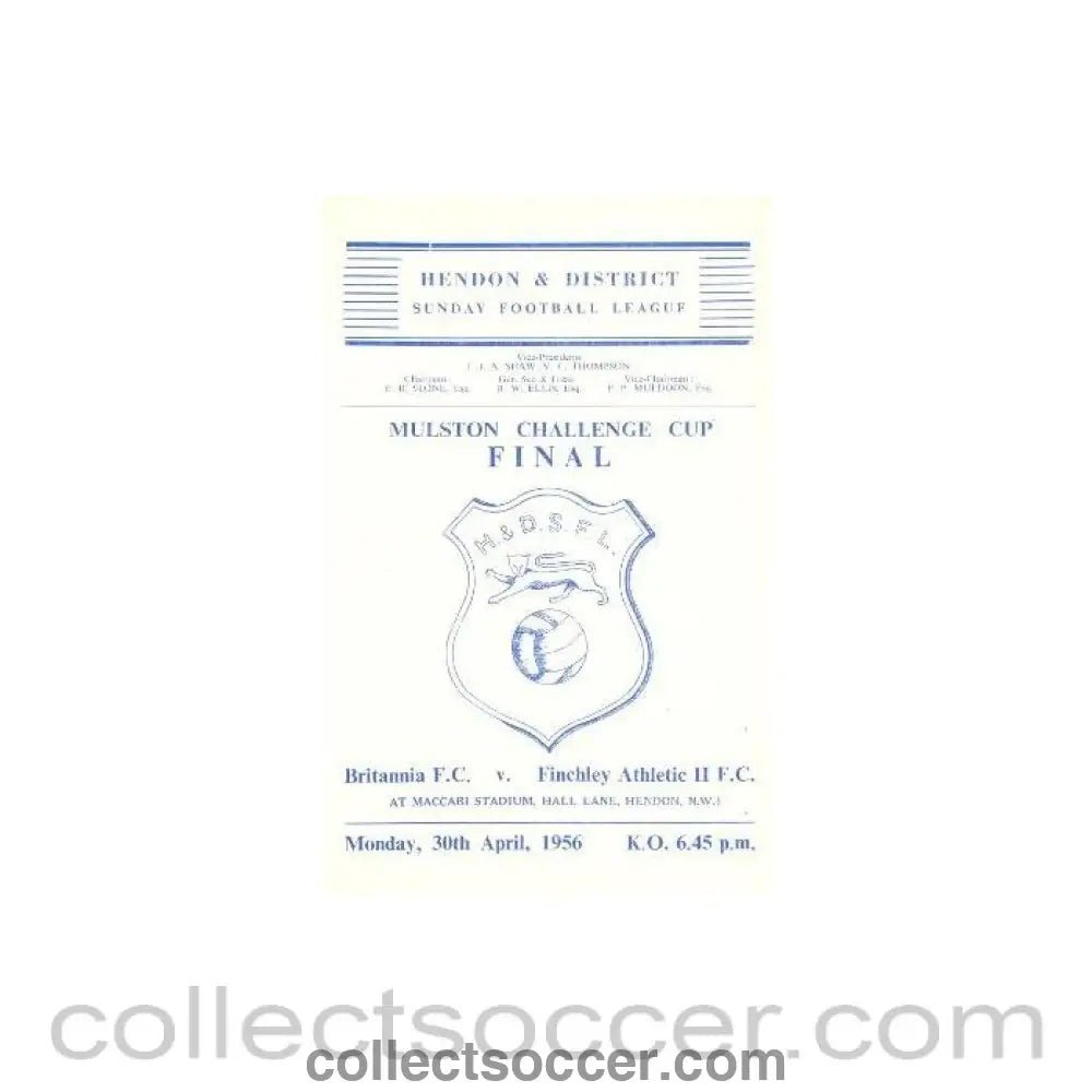 1956 Mulston Challenge Cup Final Britannia v Finchley Athletic official programme - Collect Soccer