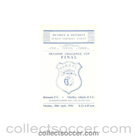 1956 - Britania v Finchley Athletic official programme 30/04/1956 - Collect Soccer