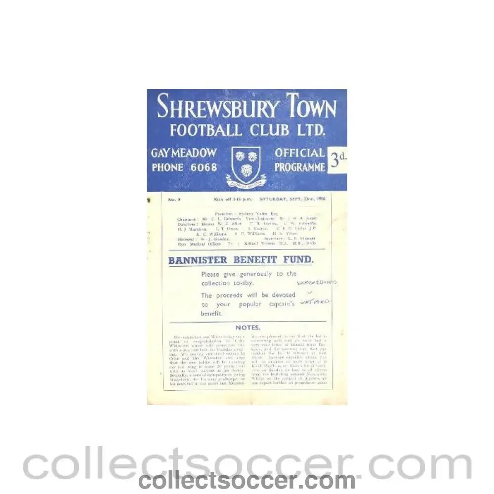 1956 - Shrewsbury Town v Watford official programme 22/09/1956 - Collect Soccer