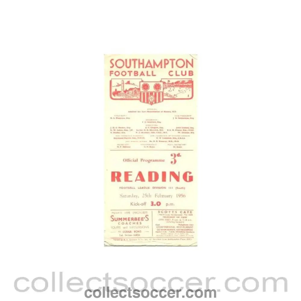 1956 - Southampton v Reading official programme 25/02/1956 - Collect Soccer