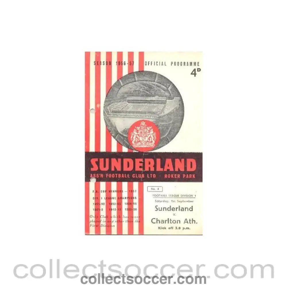 1956 - Sunderland v Charlton Athletic official programme 01/09/1956 Football League - Collect Soccer