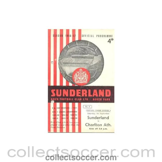 1956 - Sunderland v Charlton Athletic official programme 01/09/1956 Football League - Collect Soccer