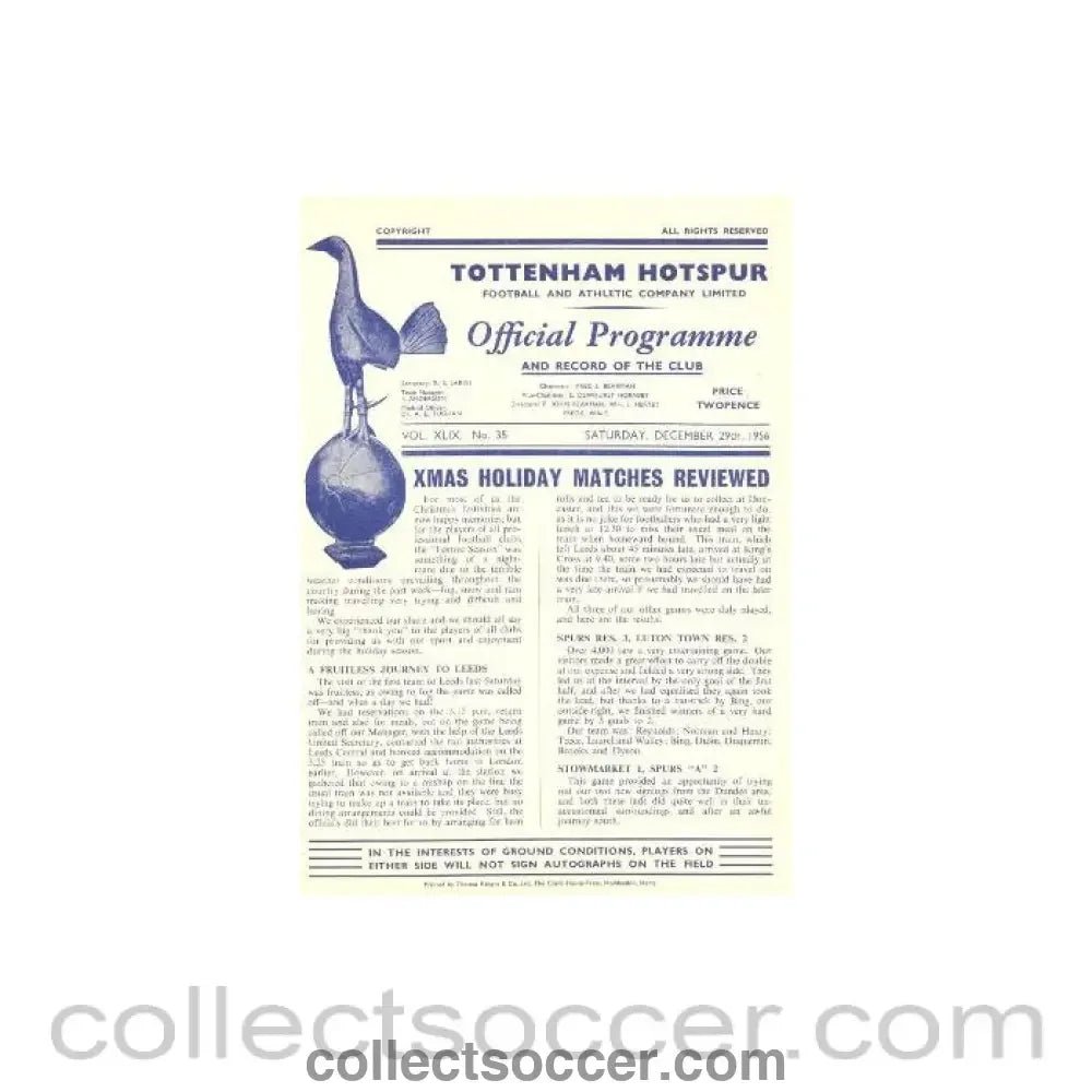 1956 - Tottenham Hotspur v Bolton Wanderers official programme 29/12/1956 - Collect Soccer
