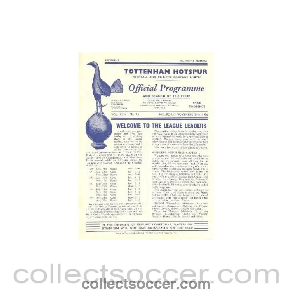 1956 - Tottenham Hotspur v Manchester United official programme 24/11/1956 - Collect Soccer