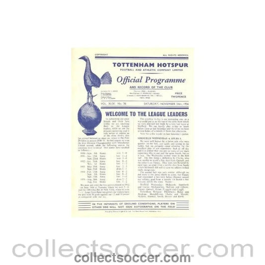 1956 - Tottenham Hotspur v Manchester United official programme 24/11/1956 - Collect Soccer