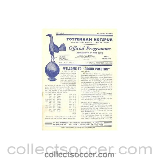 1956 - Tottenham Hotspur v Preston North End official programme 15/12/1956 - Collect Soccer
