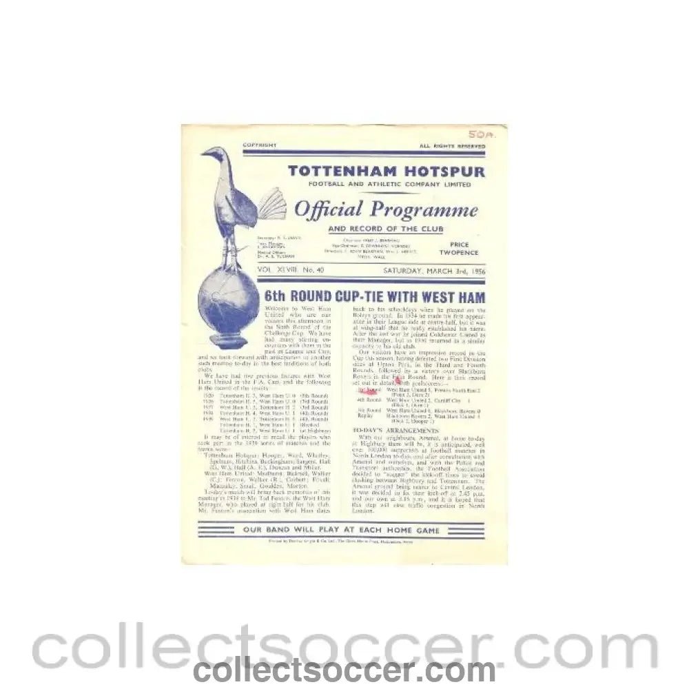 1956 - Tottenham Hotspur v West Ham United official programme 03/03/1956 - Collect Soccer
