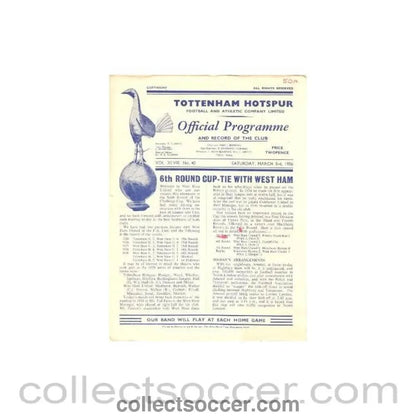 1956 - Tottenham Hotspur v West Ham United official programme 03/03/1956 - Collect Soccer