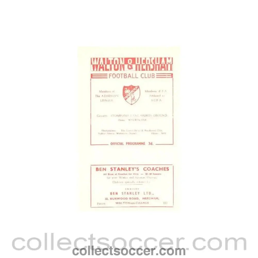 1956 - Walton & Hersham v Wealdstone official programme 01/09/1956 - Collect Soccer