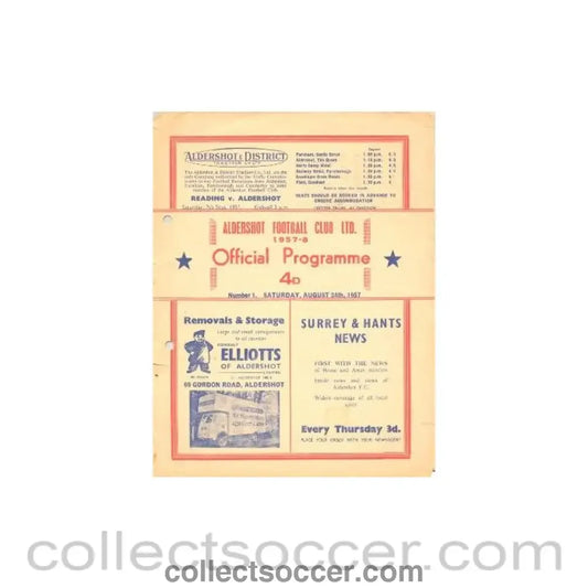 1957 - Aldershot Town v Port Vale official programme 24/08/1957