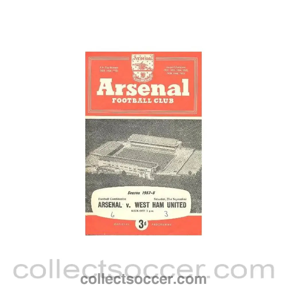 1957 - Arsenal Reserves v West Ham United Reserves official programme 21/09/1957