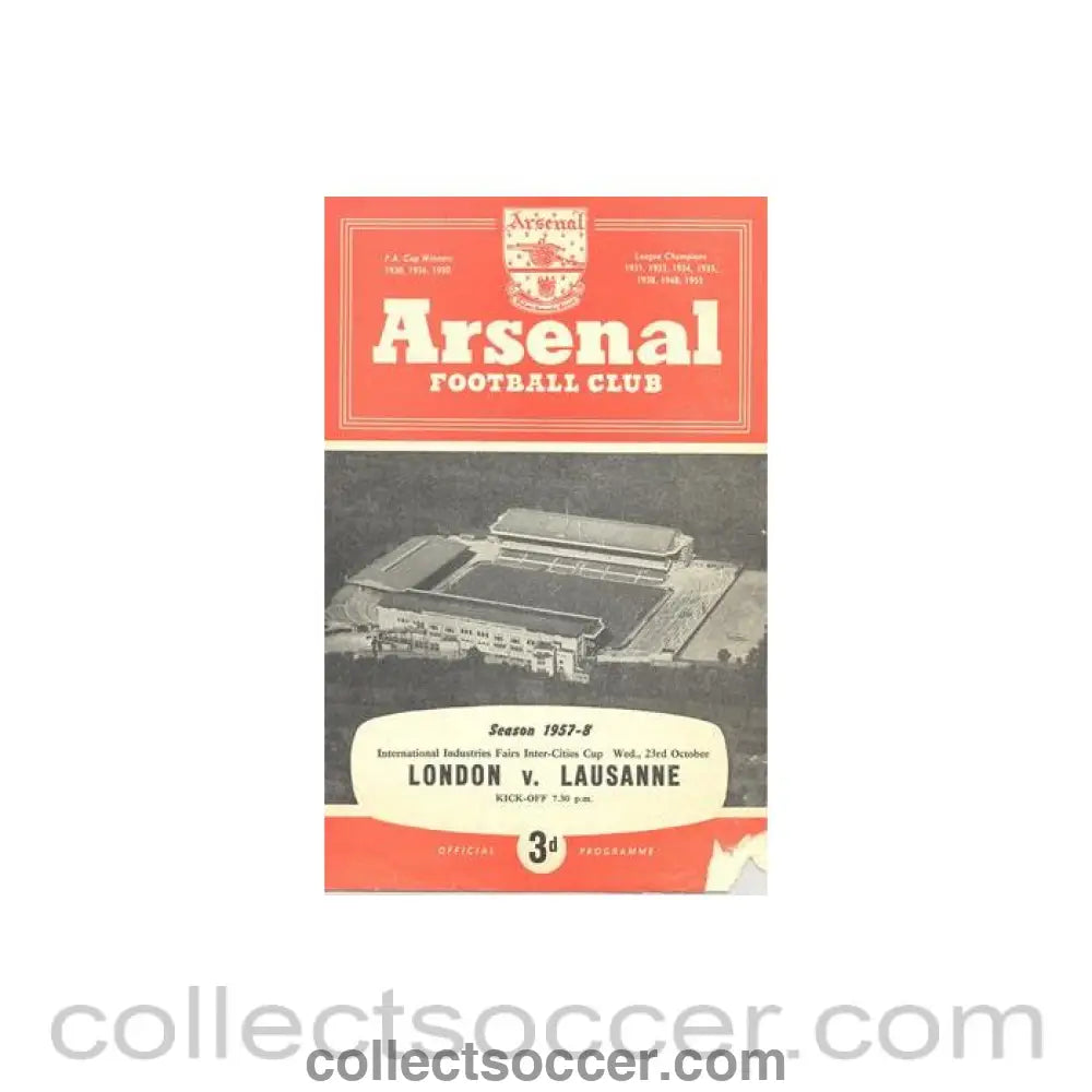 1957 - At Arsenal - London v Lausanne official programme 23/10/1957 International Industries Fairs Inter - Cities Cup - Collect Soccer