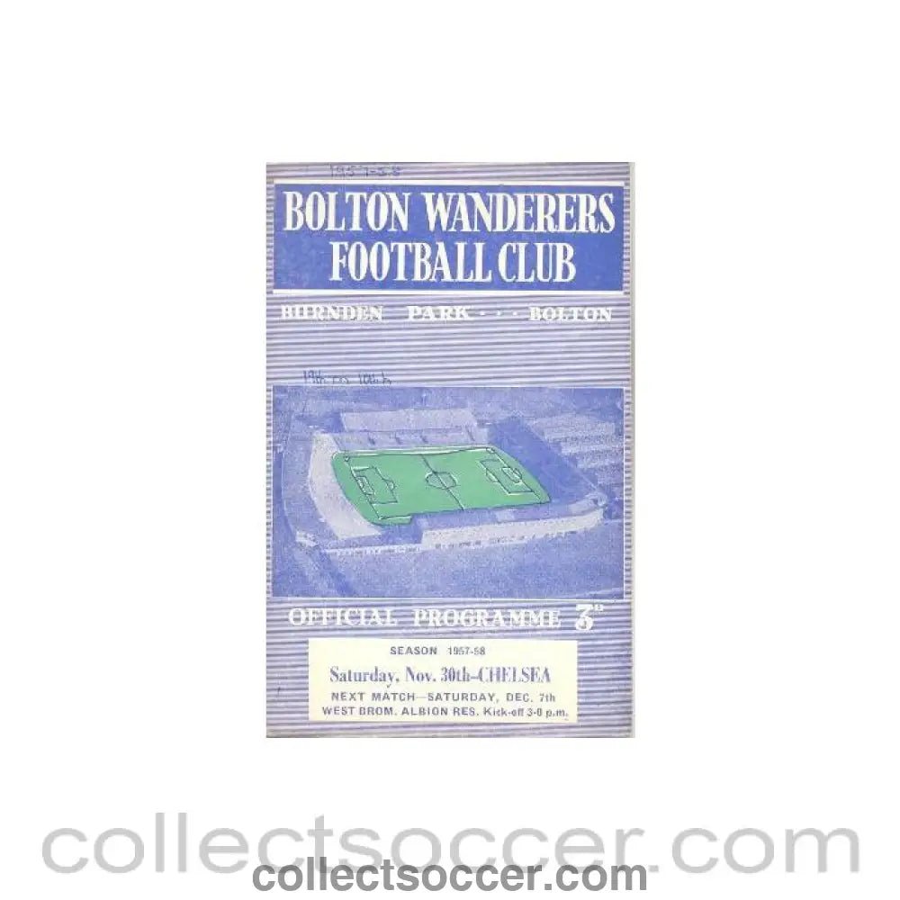 1957 - Bolton Wanderers vChelsea official programme 30/11/1957 - Collect Soccer