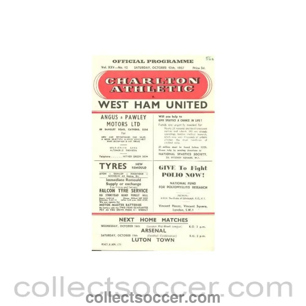 1957 - Charlton Athletc v West Ham United official programme 12/10/1957 - Collect Soccer