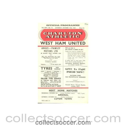 1957 - Charlton Athletc v West Ham United official programme 12/10/1957 - Collect Soccer