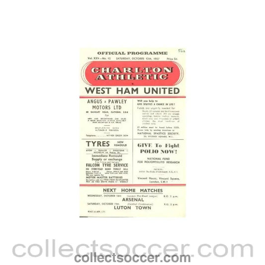 1957 - Charlton Athletc v West Ham United official programme 12/10/1957 - Collect Soccer