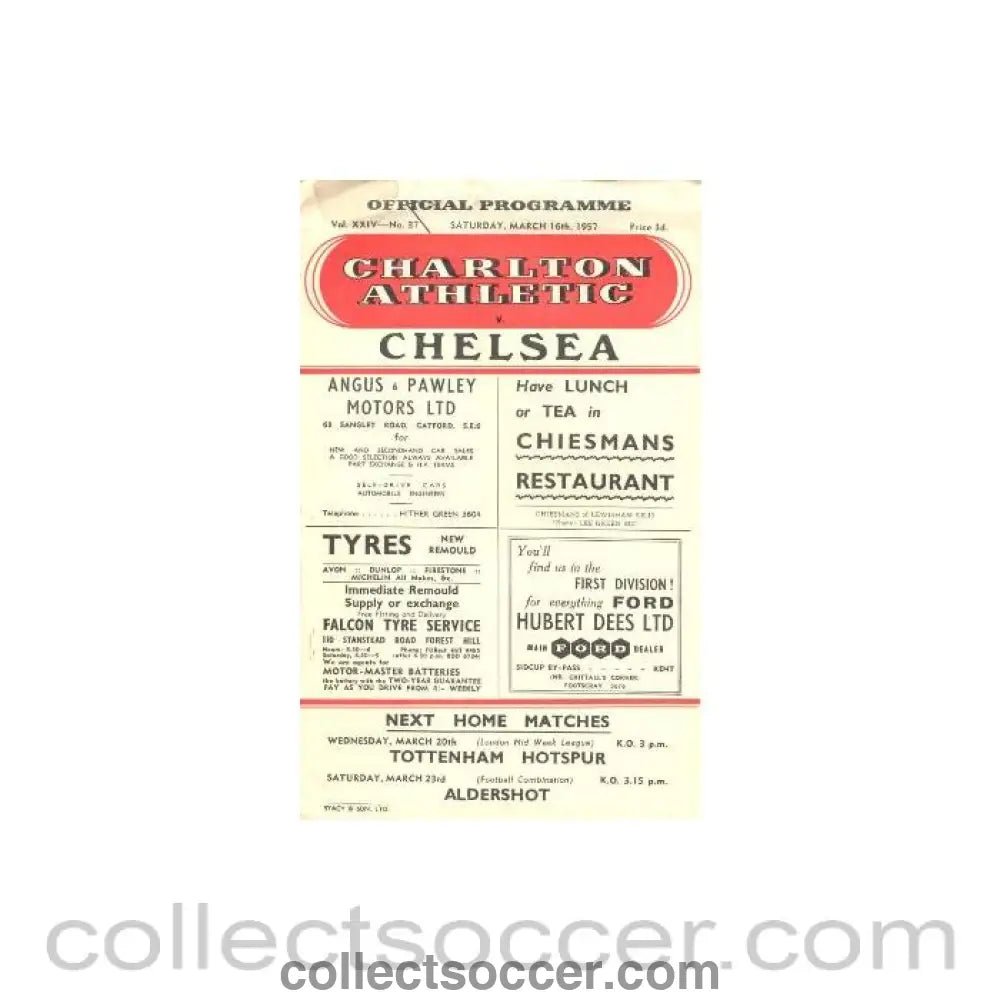 1957 - Charlton Athletic vChelsea official programme 16/03/1957 - Collect Soccer