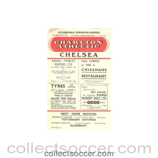 1957 - Charlton Athletic vChelsea official programme 16/03/1957