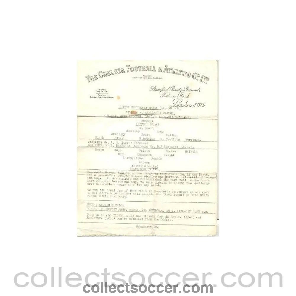 1957 - Chelsea v Newcastle United official programme 22/10/1957 Junior Challenge Match atChelsea - Very Rare! - Collect Soccer