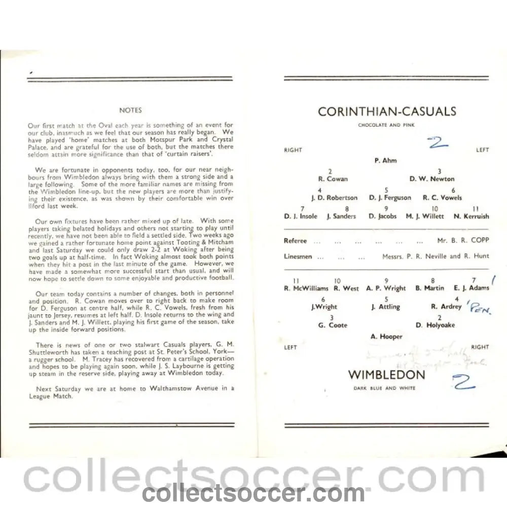 1957 - Corinthinan Casuals v Wimbledon 5/10/1957 Football Programme at The Oval - Collect Soccer