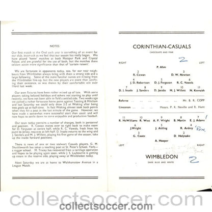 1957 - Corinthinan Casuals v Wimbledon 5/10/1957 Football Programme at The Oval - Collect Soccer