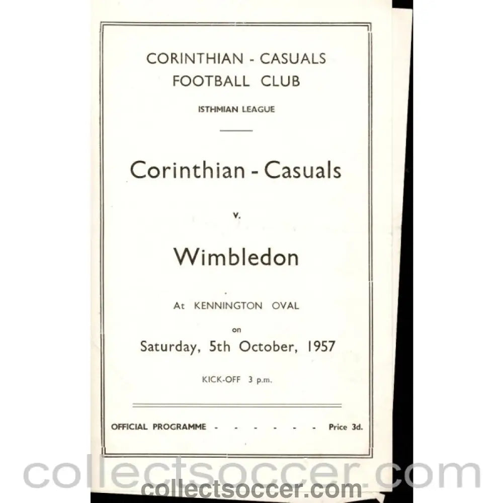 1957 - Corinthinan Casuals v Wimbledon 5/10/1957 Football Programme at The Oval - Collect Soccer