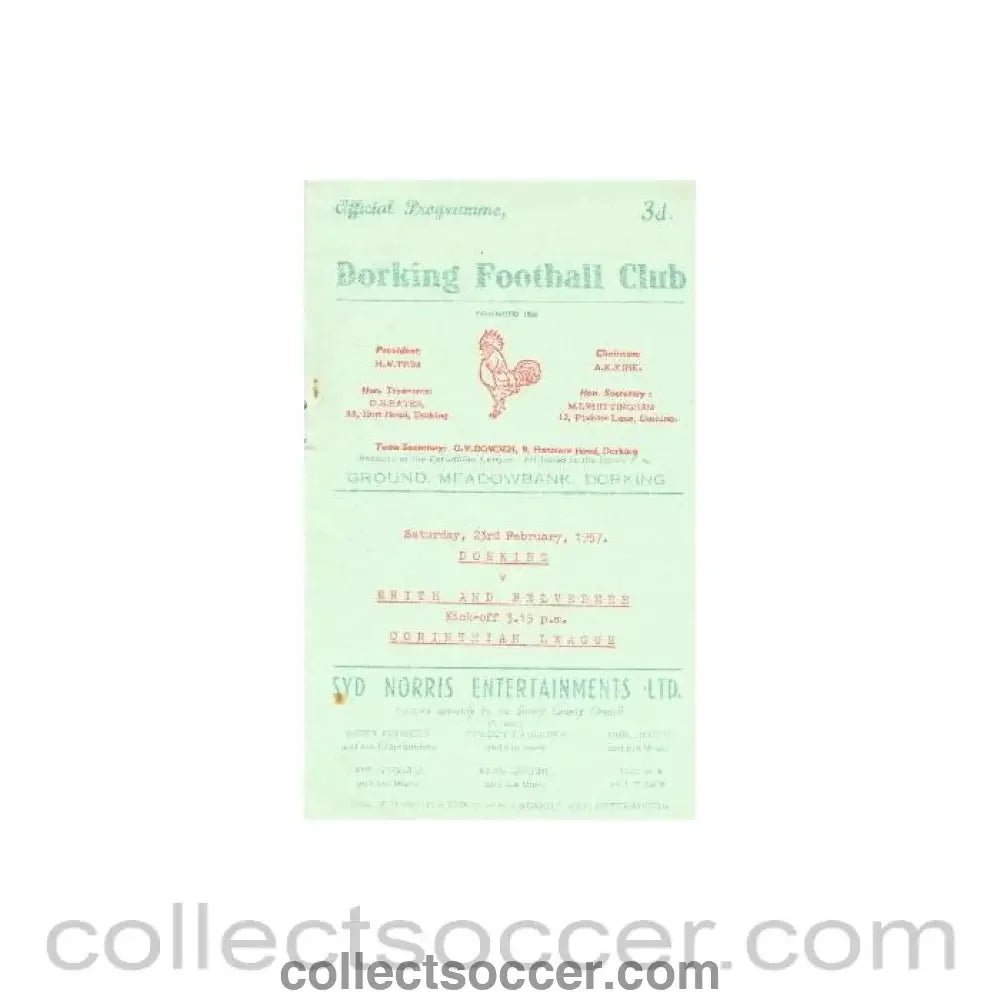 1957 - Dorking v Erith & Belvedere official programme 23/02/1957 - Collect Soccer
