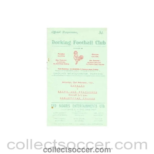 1957 - Dorking v Erith & Belvedere official programme 23/02/1957 - Collect Soccer