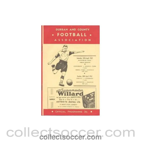 1957 Durban And County Football Association, South Africa official programme 27/04/1957 - Collect Soccer