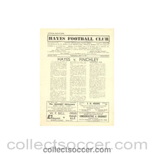 1957 - Hayes v Finchley official programme 11/09/1957 - Collect Soccer