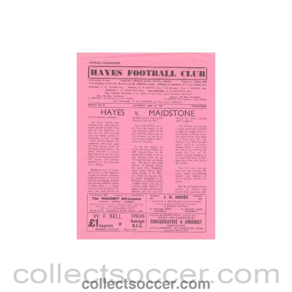 1957 - Hayes v Maidstone official programme 28/12/1957 - Collect Soccer