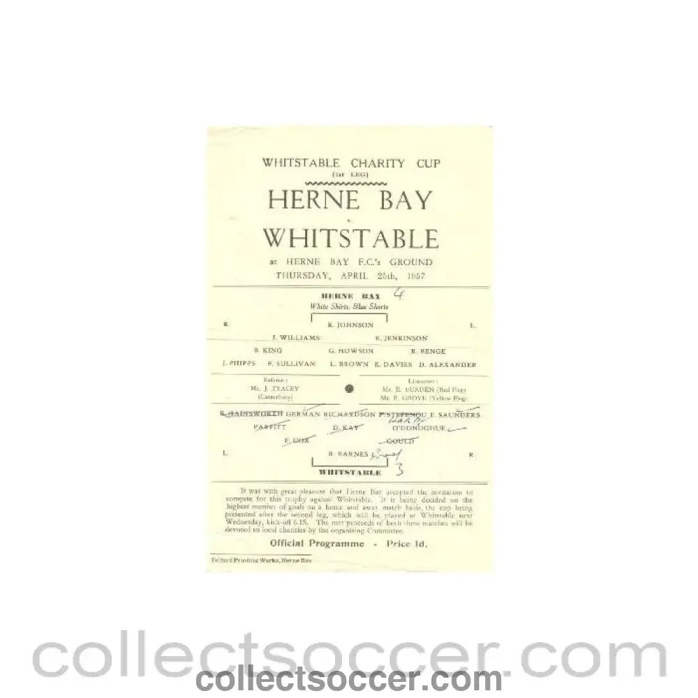 1957 - Herne Bay v Whitstable official programme 25/04/1957 - Collect Soccer
