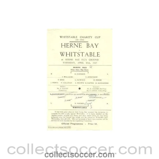 1957 - Herne Bay v Whitstable official programme 25/04/1957 - Collect Soccer