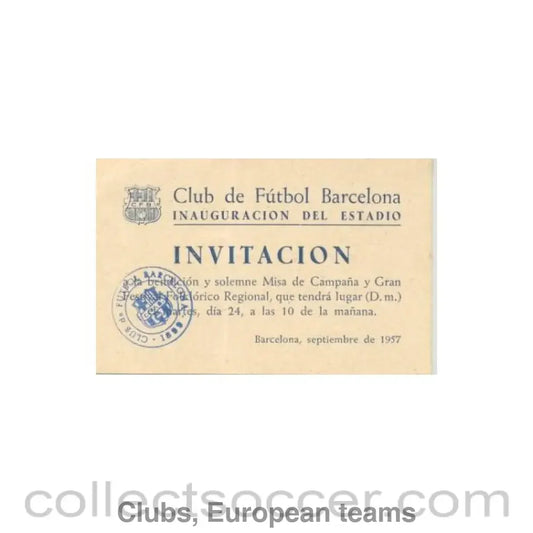 1957 - Invitation to the Opening of Barcelona Stadium Ceremony in September 1957