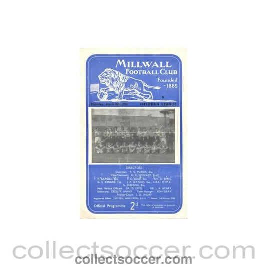 1957 - Millwall v Isthmian League official programme 08/04/1957 Friendly Match - Collect Soccer