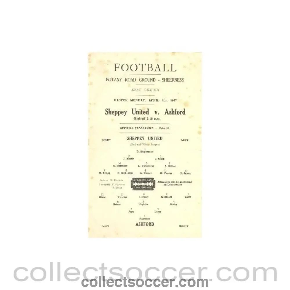 1957 - Sheppey United v Ashford official programme 29/08/1957 - Collect Soccer