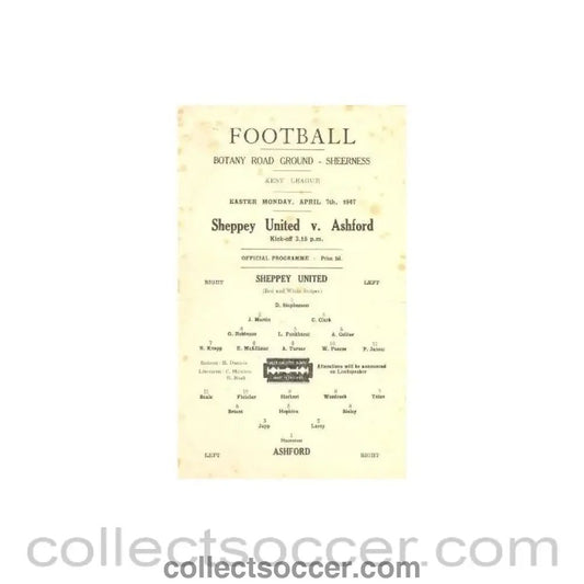 1957 - Sheppey United v Ashford official programme 29/08/1957 - Collect Soccer