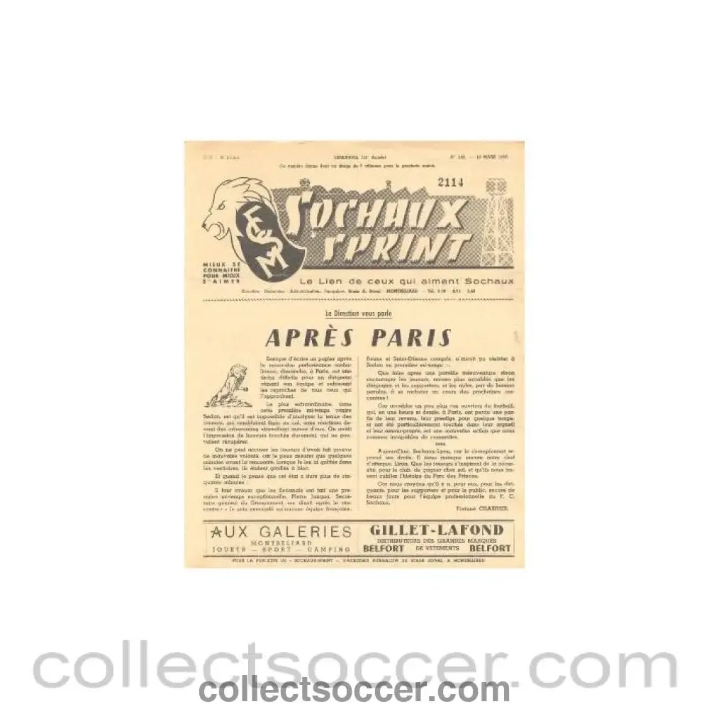 1957 Sochaux, France Official Programme Sochaux Sprint of 10/03/1957 - Collect Soccer