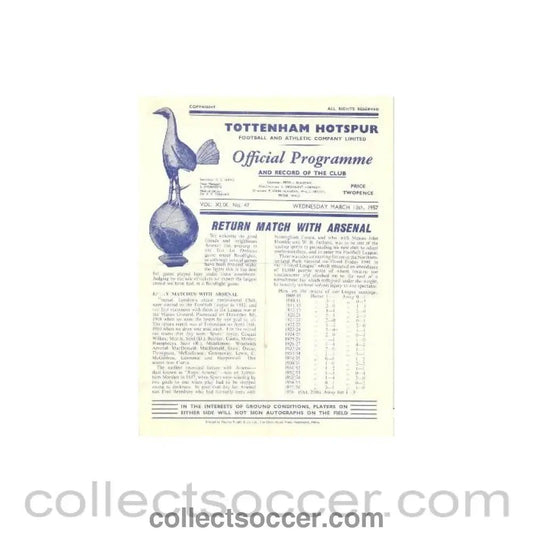 1957 - Tottenham Hotspur v Arsenal official programme 13/03/1957 - Collect Soccer