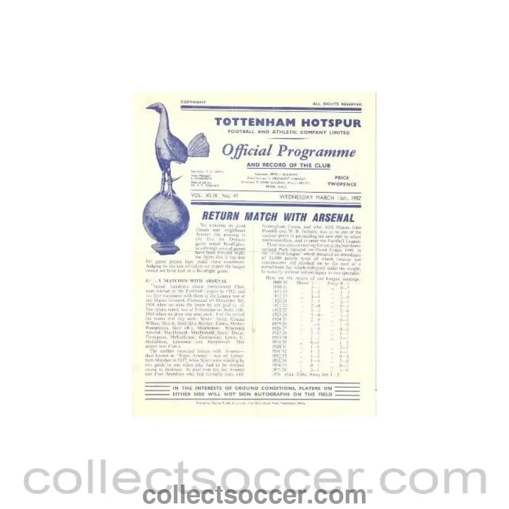 1957 - Tottenham Hotspur v Arsenal official programme 13/03/1957 - Collect Soccer