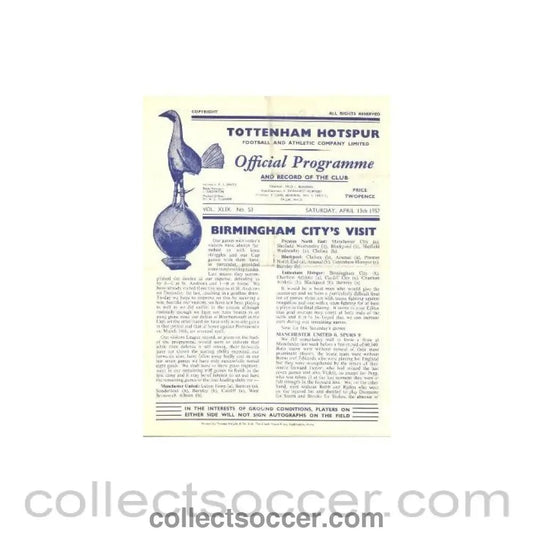 1957 - Tottenham Hotspur v Birmingham official programme 13/04/1957 - Collect Soccer