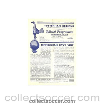 1957 - Tottenham Hotspur v Birmingham official programme 13/04/1957 - Collect Soccer