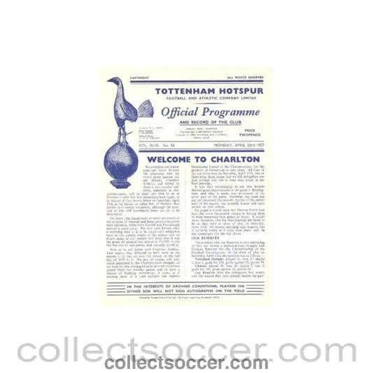 1957 - Tottenham Hotspur v Charlton Athletic official programme 22/04/1957 - Collect Soccer