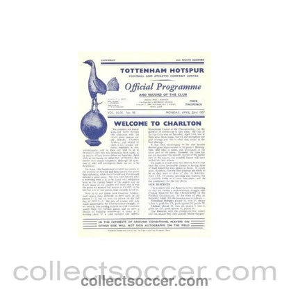 1957 - Tottenham Hotspur v Charlton Athletic official programme 22/04/1957 - Collect Soccer