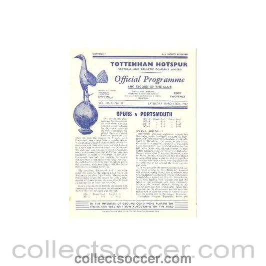 1957 - Tottenham Hotspur v Portsmouth official programme 16/03/1957 Football League - Collect Soccer