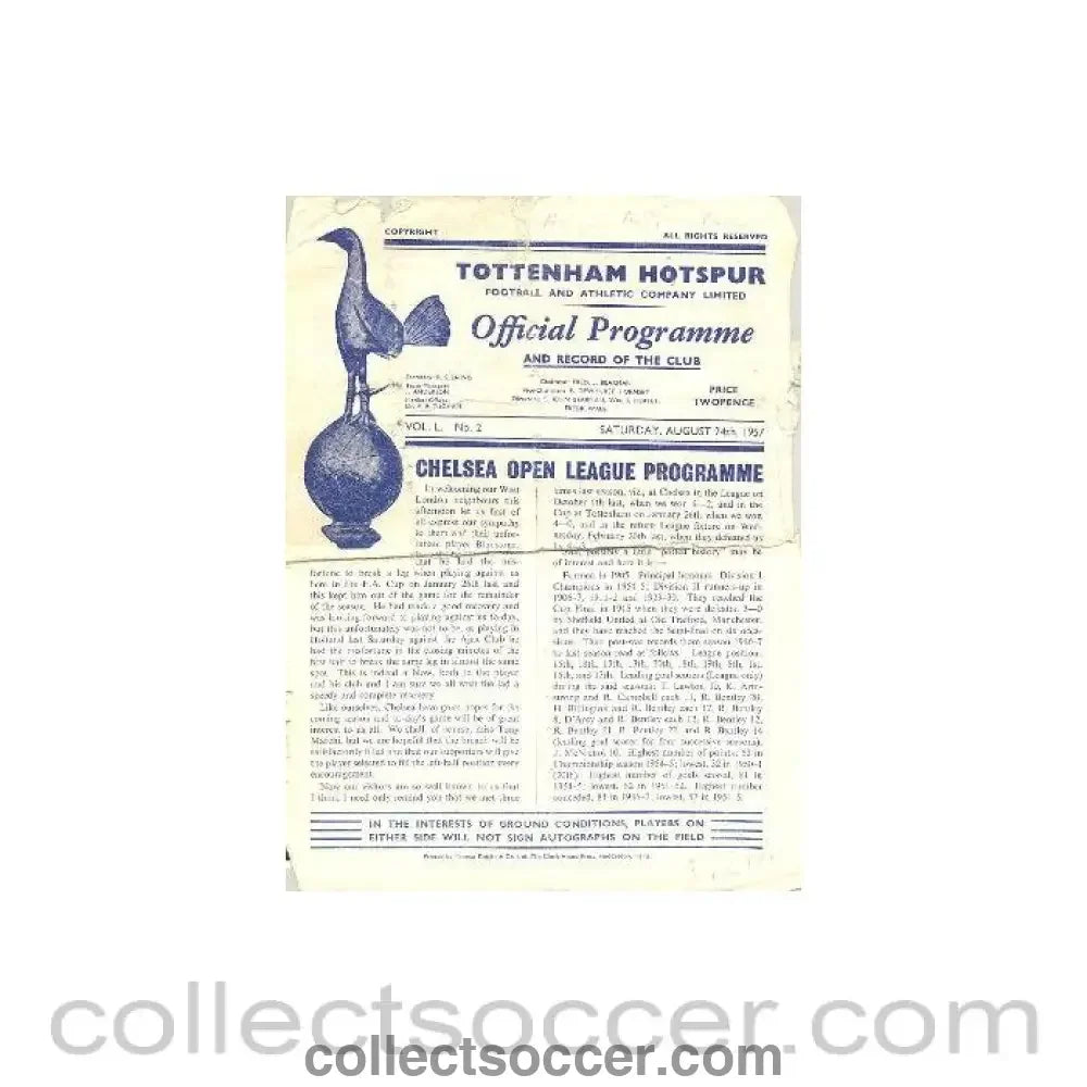 1957 - Tottenham Hotspur vChelsea official programme 24/08/1957