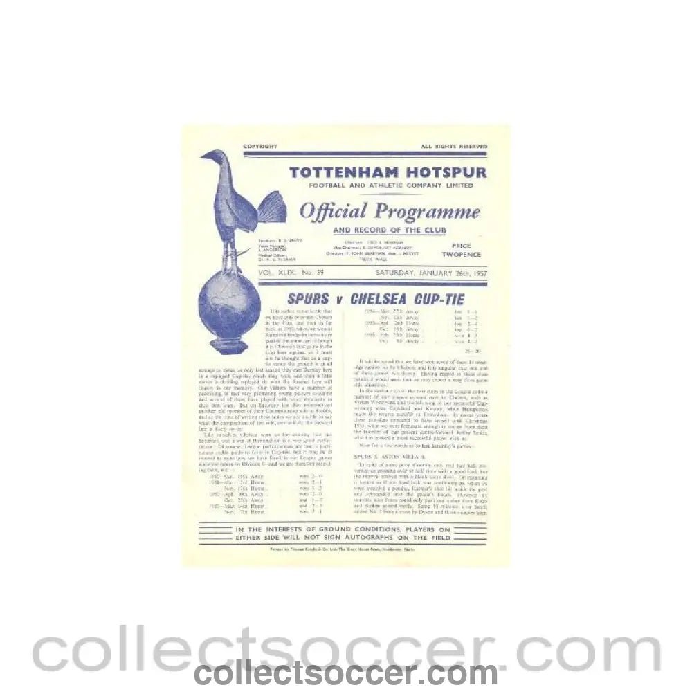 1957 - Tottenham Hotspur vChelsea official programme 26/01/1957 - Collect Soccer