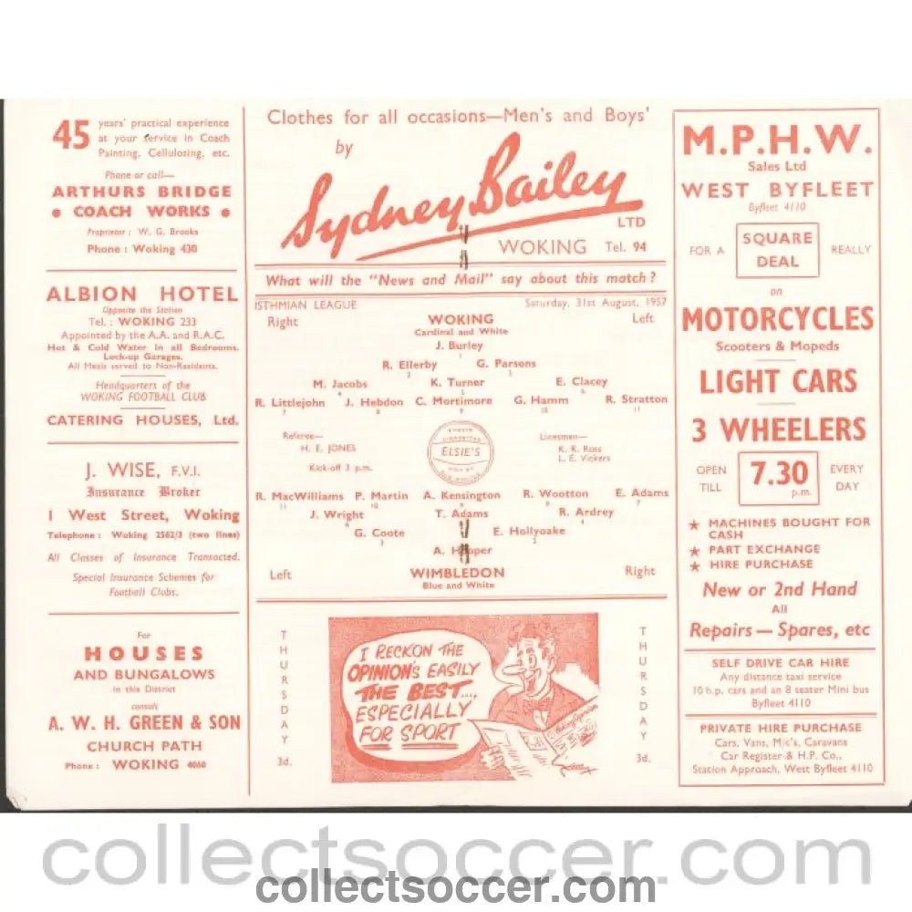 1957 - Woking v Wimbledon 31/08/1957 Football Programme - Collect Soccer