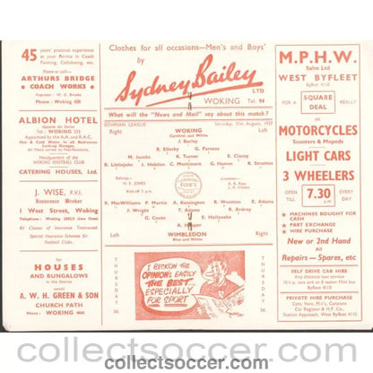 1957 - Woking v Wimbledon 31/08/1957 Football Programme - Collect Soccer
