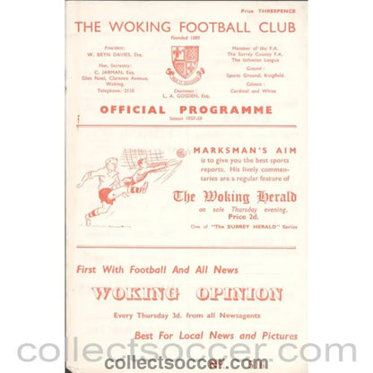 1957 - Woking v Wimbledon 31/08/1957 Football Programme - Collect Soccer